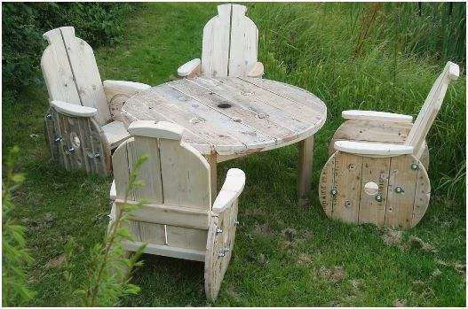 Kabeeltrommel tuinset met tuintafel en tuinstoelen van een kabelrol gemaakt.