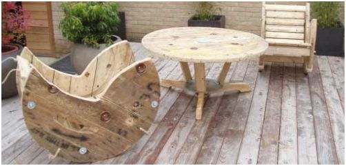 Tuinmeubelen gemaakt van kabelrollen.